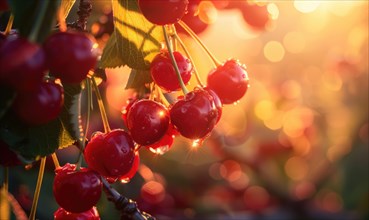 Close-up of a cluster of ripe cherries glistening in the sunlight AI generated