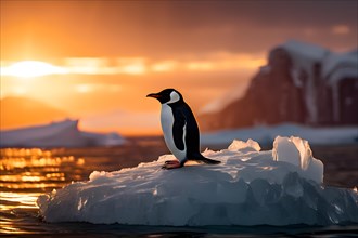 Penguin huddling on a solitary iceberg in antarctica, AI generated