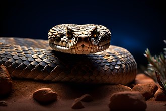 Rattlesnake coiled poised to strike in the silent mojave night, AI generated