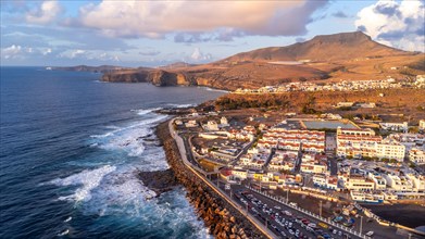 Aerial view of the town of Agaete and its Puerto de las Nieves at sunset