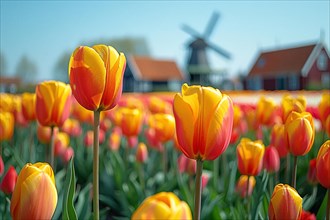 Field of vivid orange tulips with a Dutch windmill and clear blue sky in the background, AI