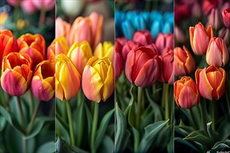 Triptych of tulips in yellow, orange and red hues, AI generated