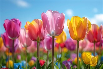 Colorful tulips under a sunny blue sky, conveying a cheerful atmosphere, AI generated