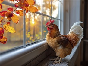 Chicken by a window framed by bright autumn leaves in gentle sunlight, AI generiert, AI generated