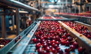 Ripe cherries being sorted and packaged in a bustling fruit processing facility AI generated