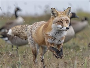 Fox in motion in a meadow with geese in the background, AI generated, AI generated, AI generated