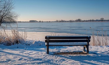 A snow-covered bench overlooking the frozen expanse of a lake AI generated