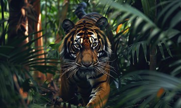 A Sumatran tiger in jungle foliage AI generated