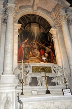 Interior view of the church of Santa Maria della Salute, Venice, An illuminated altar with