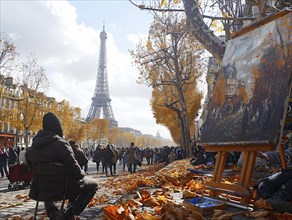 Ein Kuenstler malt den Eiffelturm an einem herbstlichen Tag mit vielen Zuschauern, Lifestyle in
