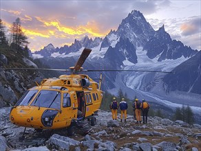 Rettungsteam beim Hubschrauber im Abendlicht mit beeindruckenden Bergspitzen im Hintergrund,