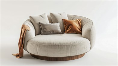 Round chair with textured fabric and throw pillows against a neutral background, ai generated, AI