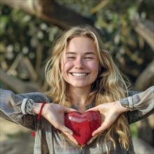 A happy young woman holds a red heart in front of her, surrounded by nature, AI generated
