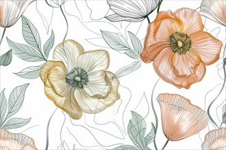 Vibrant floral illustration with transparent petals of anemones and poppies, illustration, AI