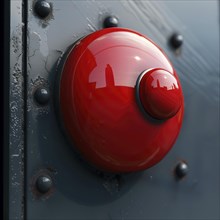 Close-up of a bright red button on a dark background with water droplets, AI generated