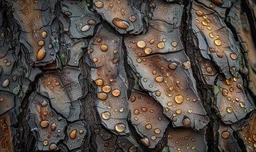 Close-up of cedar bark with raindrops clinging to its textured surface AI generated