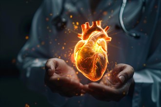 Doctor's hands holding virtual glowing image of human heart. KI generiert, generiert, AI generated
