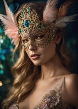 Beautiful young woman in a Venetian mask at the masquerade. ai generative, AI generated