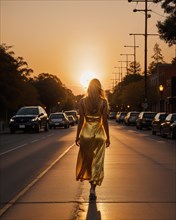 Beautiful young woman in a long yellow dress walking on the street at sunset. ai generative, AI
