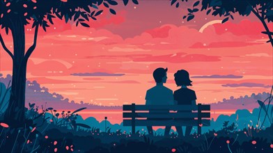 A couple sits closely together on a park bench, surrounded by twilight, romantic, AI generated, AI