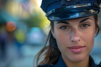 Close up of face of young police woman. KI generiert, generiert, AI generated