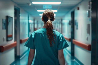 Back view of nurse walking through hospital corridor. KI generiert, generiert, AI generated
