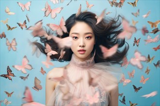 Asian woman with butterflies on blue studio bakcground. KI generiert, generiert, AI generated