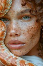 Close-up of a woman with freckled skin and blue eyes next to a snake, blurry teal turquoise solid