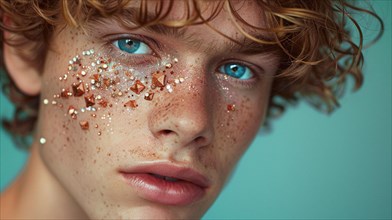 Blue-eyed male with freckles and sparkling crystals on his face, blurry teal turquoise solid