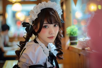 Beautiful young Asian woman waitress dressed in maid costumes in Japanese Maid Cafe. KI generiert,