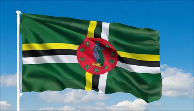 The flag of Dominica, Lesser Antilles, Caribbean, fluttering in the wind, isolated, against the