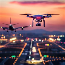 A drone flying over a runway with an aeroplane in the background at dusk, drone, attack, AI