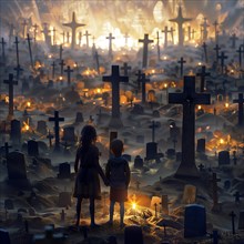 Two children look at a cemetery during a peaceful sunrise, war, war graves, military cemetery, AI