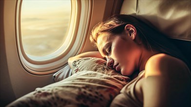 A woman rests asleep at the aircraft window while the cabin is bathed in twilight, AI generated, AI