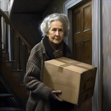 An elderly woman in a knitted coat and scarf stands anxiously in a hallway with a cardboard box,