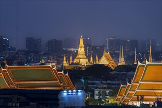 Panorama from Golden Mount to the illuminated Wat Ratchabophit, Wat Rachapradit, Wat Pho and Wat