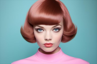Young woman with 50s hairstyle and makeup on blue studio background. KI generiert, generiert, AI