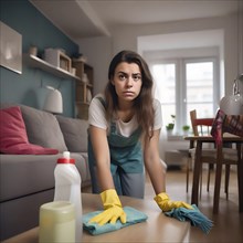 Woman appears exhausted and overwhelmed doing housework in a modern living room, No desire to tidy