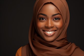Face of young beautiful afro american muslim woman with hijab headscarf in front of dark studio