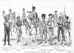Historical illustration of uniforms around 1825, soldiers and officers with flags, weapons and