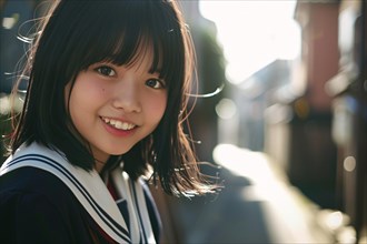 Smiling young Asian girl in school uniform. KI generiert, generiert, AI generated