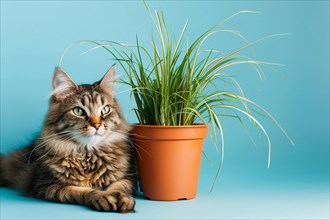Tabby cat next to potted grass 'Cyperus Zumula' used for cats to help them throw up hair balls. KI