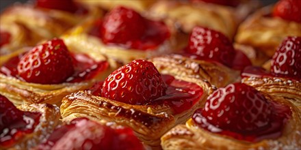 Close up of pastries with strawberry fruits. KI generiert, generiert, AI generated