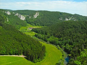 View of the Upper Danube valley from the Knopfmacherfelsen rock, nature park, Tuttlingen district,