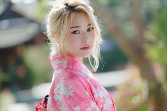 Beautiful young woman with pink kimono with blurry trees in background. KI generiert, generiert, AI