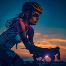 Young woman cycling at dusk with focus and determination, AI generated