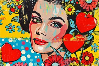 Colourful pop art image of a woman with colourful flowers and heart motifs, AI generated, AI