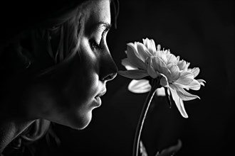 Mother's Day, A woman looks at a flower in a still, detailed black and white image, AI generated,