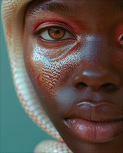 Intense gaze of a woman with red-toned snake and textured skin around her eye, blurry teal