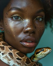 Close-up portrait of a woman with freckles and golden makeup alongside a snake coiled around her